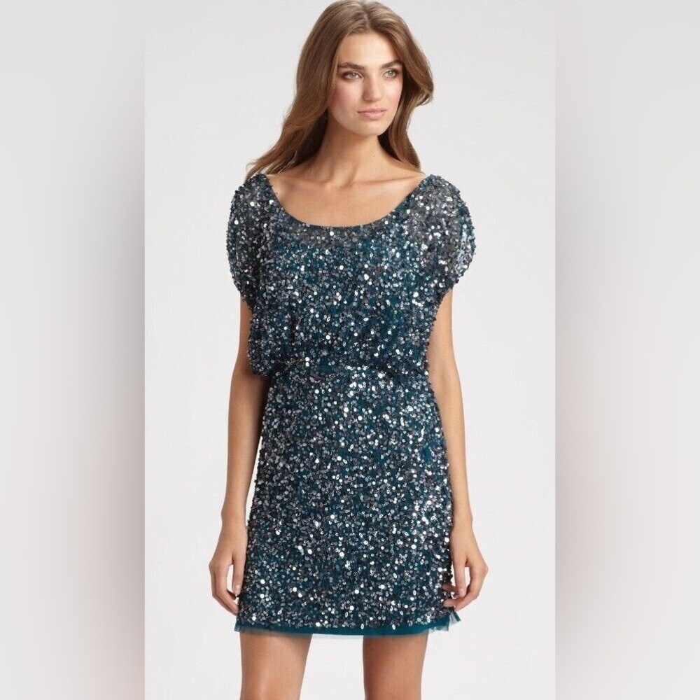 Aidan Mattox Teal & Silver Sequin Blouson Party Mini Dress